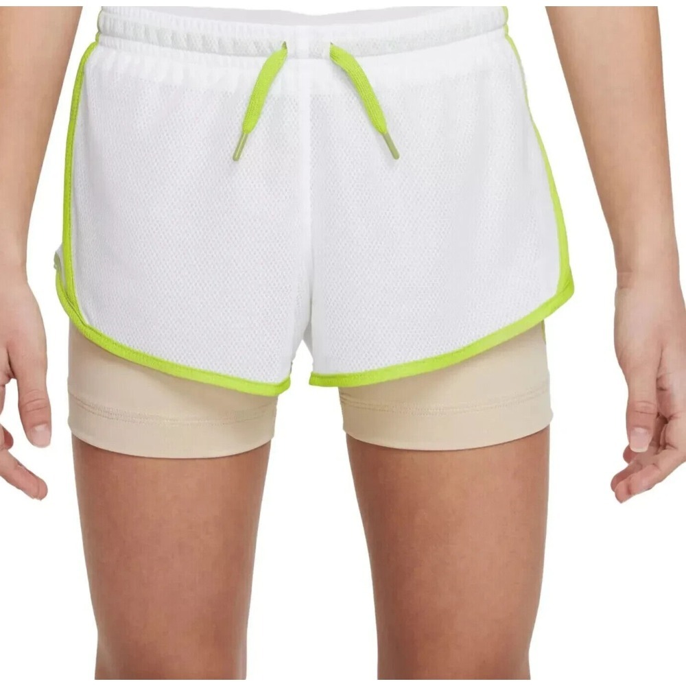 NIKE DRI-FIT TEMPO LINED RUNNING SHORTS Girl Medium 10-12 White / Atomic Green